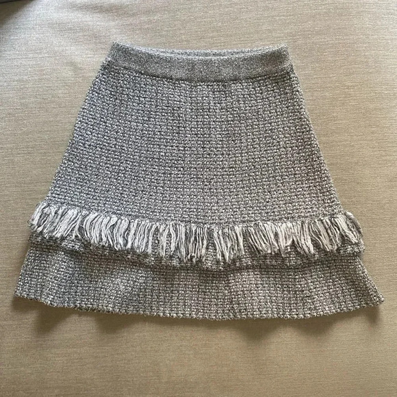 Anthropologie Maeve Tweed A Line Fringe Knit High Waist Mini Skirt Gray White XS - Picture 2 of 10